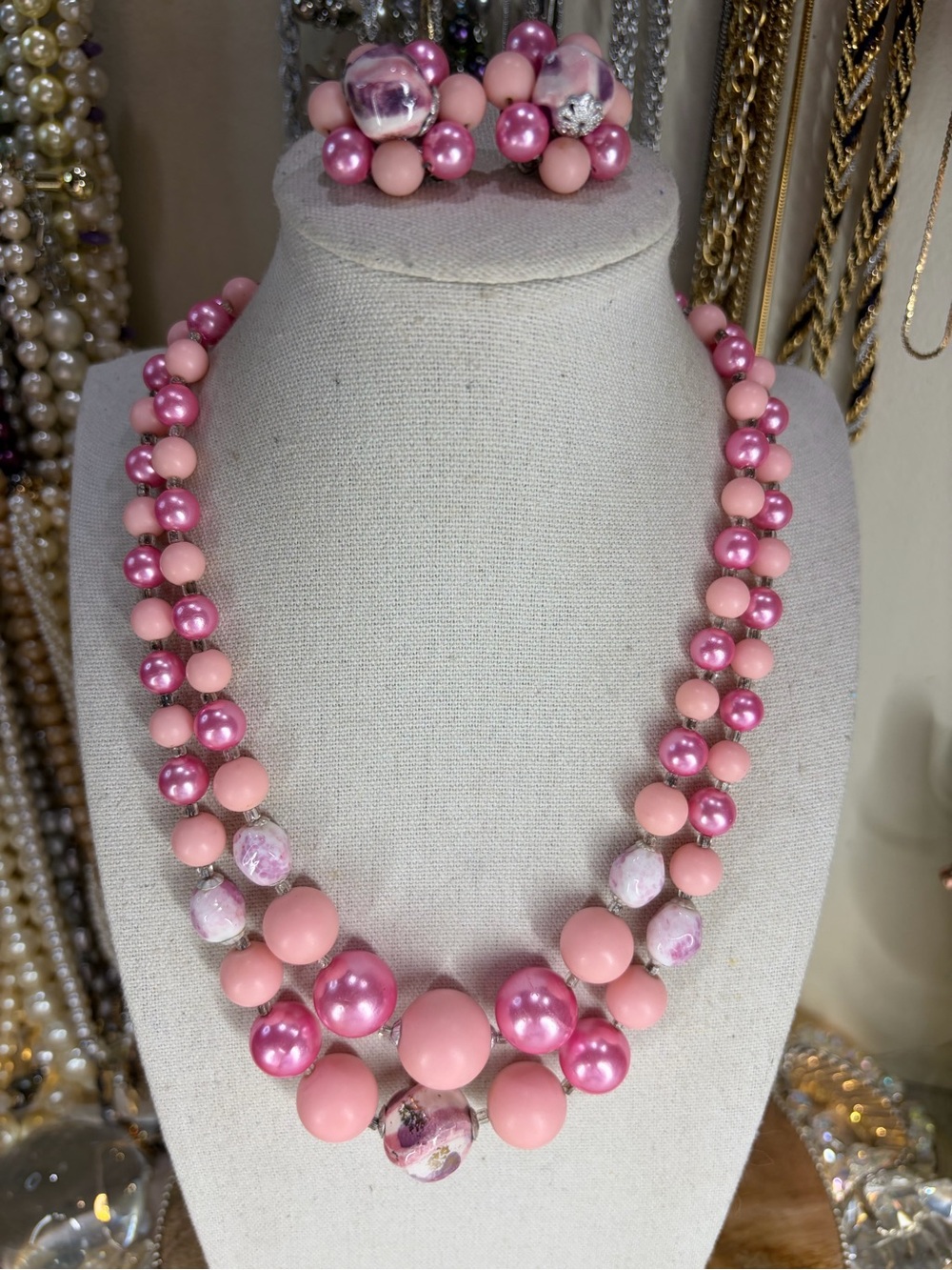 Vintage Japan Pink Necklace And Earring Set Signed Jewelry Lot Clip On / Hook - Picture 1 of 5